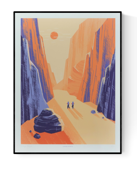 Illustration of Charyn Canyon by Linde Raats featuring two hikers walking through a vast, sunlit desert canyon surrounded by towering orange and purple cliffs. Minimalist landscape art print inspired by natural wonders, perfect for travel lovers, adventure-themed interiors, and contemporary wall decor—available at Galerie Frits
