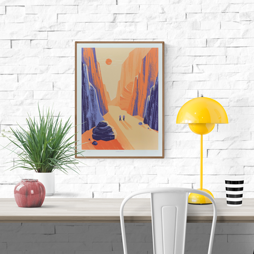 Illustration of Charyn Canyon by Linde Raats featuring two hikers walking through a vast, sunlit desert canyon surrounded by towering orange and purple cliffs. Minimalist landscape art print inspired by natural wonders, perfect for travel lovers, adventure-themed interiors, and contemporary wall decor—available at Galerie Frits