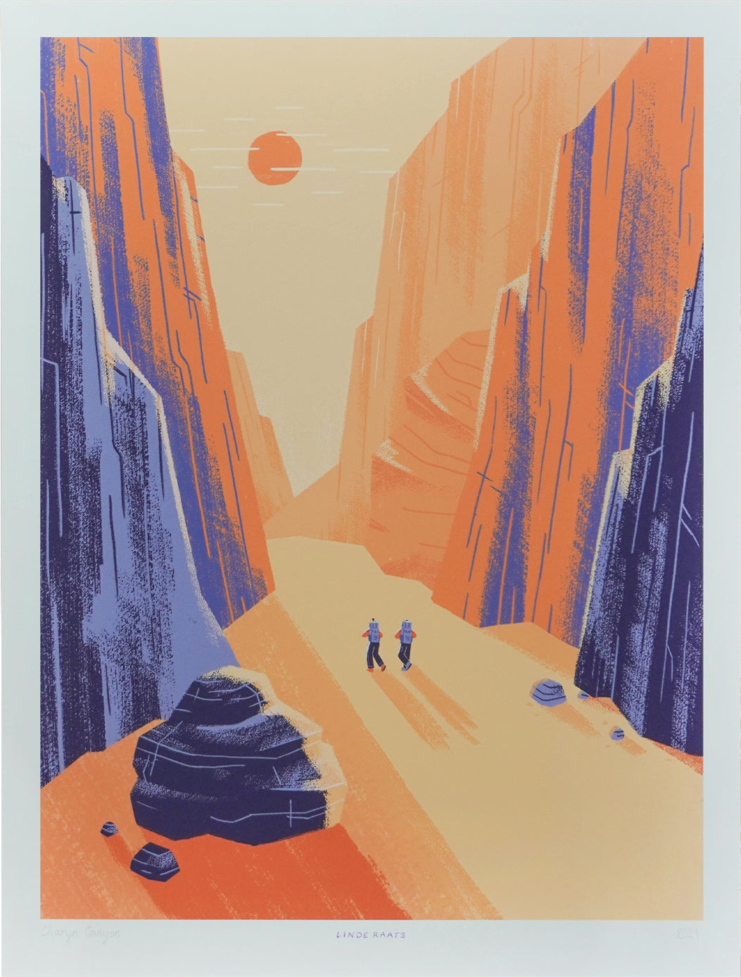 Illustration of Charyn Canyon by Linde Raats featuring two hikers walking through a vast, sunlit desert canyon surrounded by towering orange and purple cliffs. Minimalist landscape art print inspired by natural wonders, perfect for travel lovers, adventure-themed interiors, and contemporary wall decor—available at Galerie Frits