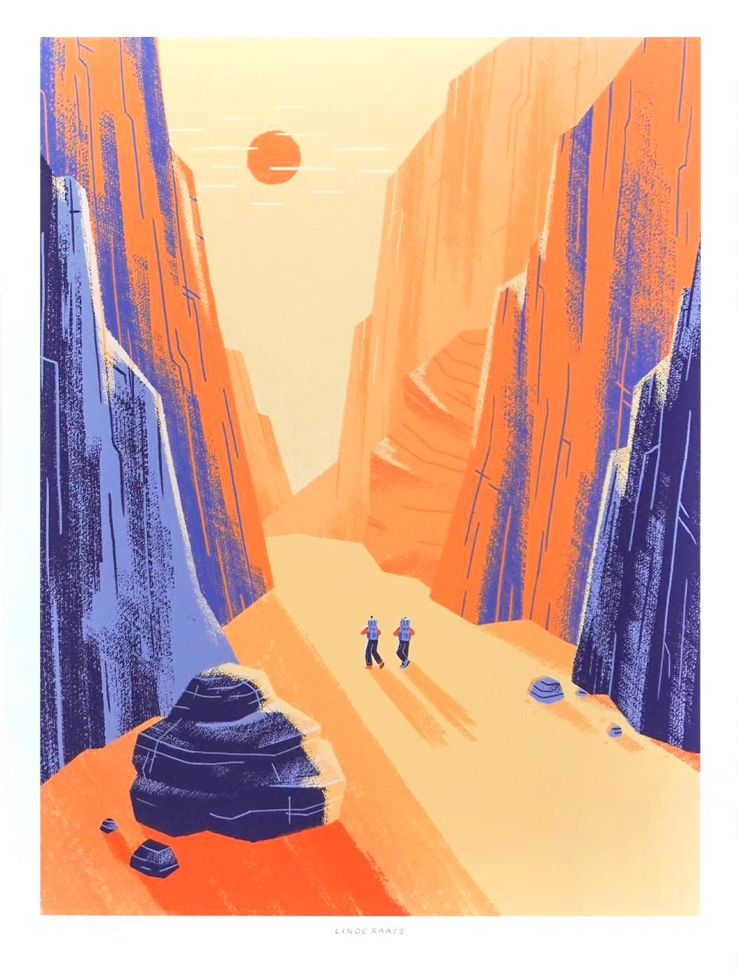 Illustration of Charyn Canyon by Linde Raats featuring two hikers walking through a vast, sunlit desert canyon surrounded by towering orange and purple cliffs. Minimalist landscape art print inspired by natural wonders, perfect for travel lovers, adventure-themed interiors, and contemporary wall decor—available at Galerie Frits