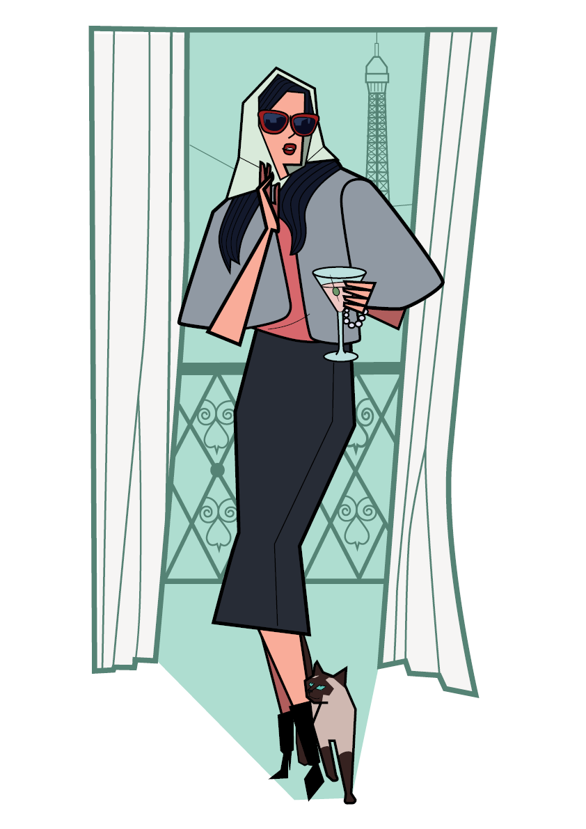 Illustration of a stylish woman in sunglasses holding a cocktail on a Paris balcony with the Eiffel Tower behind her, accompanied by a Siamese cat at her feet; modern geometric style, soft pastel tones, A4/A3 art print by Floor 4 Productions; perfect for chic home décor and contemporary wall art.