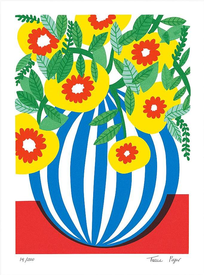 Blue Stripes Pot by Teresa Rego – colorful botanical art print featuring a bold blue-and-white striped vase with vibrant yellow, red, and green flowers, modern floral illustration for home decor, available at Galerie Frits