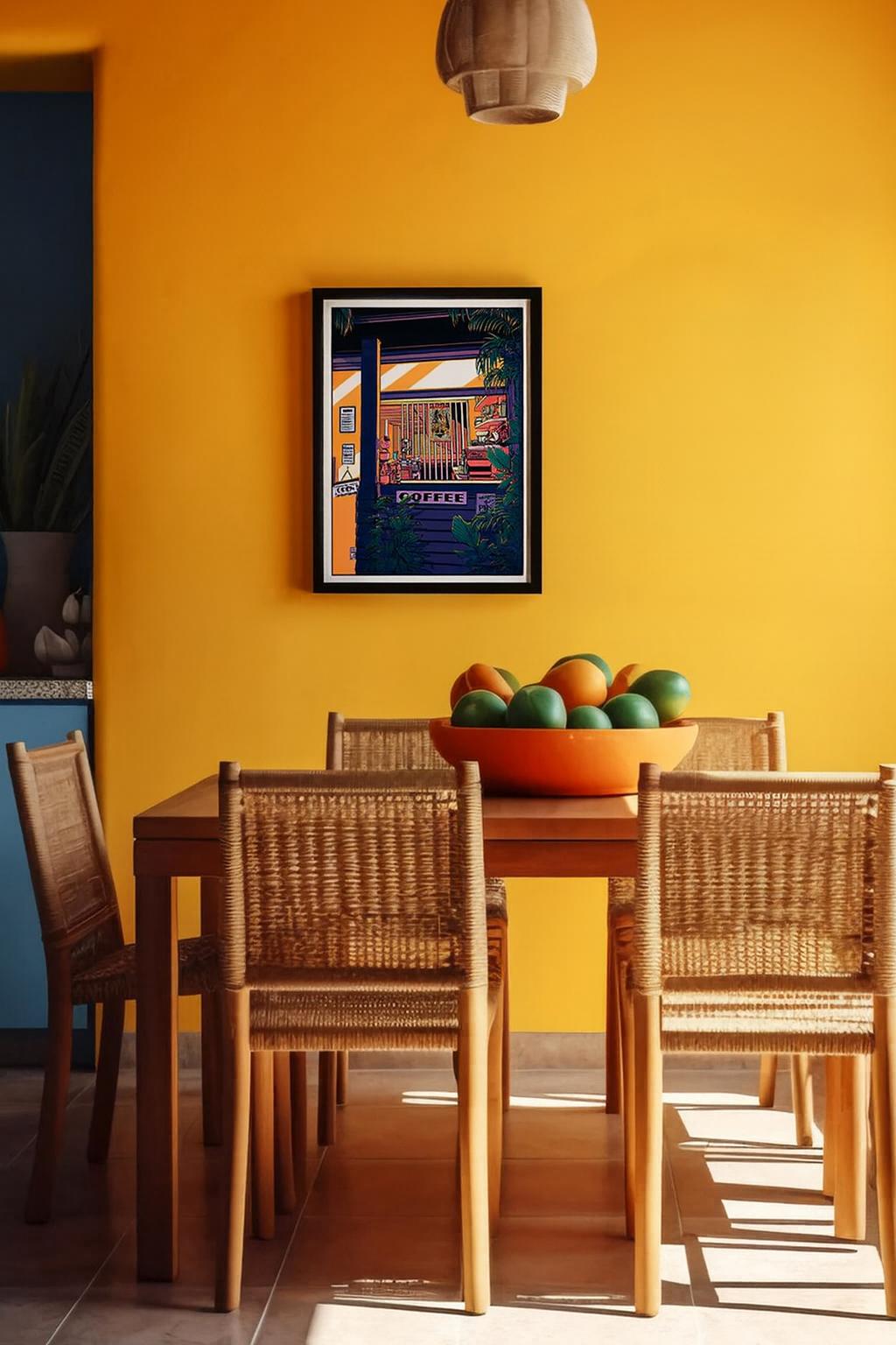 Nighttime illustration of a cozy Japanese-style coffee bar surrounded by tropical plants, glowing with neon colors and warm lighting – Night coffee by Paiheme Studio, 30 x 40 cm art print.