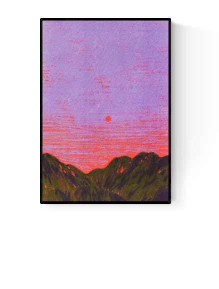 Atmospheric landscape illustration titled ‘China’ by Linde Raats, featuring a minimalist sunset over dark green mountains under a vivid purple and pink sky. This serene and dreamy art print captures the tranquility of dusk with a bold, contemporary color palette—perfect wall decor for lovers of modern travel art, Asian landscapes, and minimal aesthetic prints, available at Galerie Frits