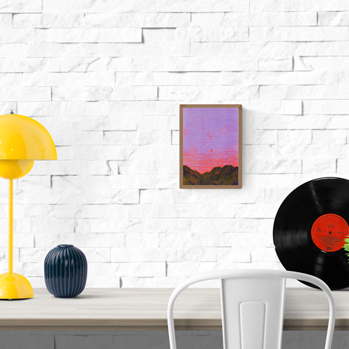 Atmospheric landscape illustration titled ‘China’ by Linde Raats, featuring a minimalist sunset over dark green mountains under a vivid purple and pink sky. This serene and dreamy art print captures the tranquility of dusk with a bold, contemporary color palette—perfect wall decor for lovers of modern travel art, Asian landscapes, and minimal aesthetic prints, available at Galerie Frits