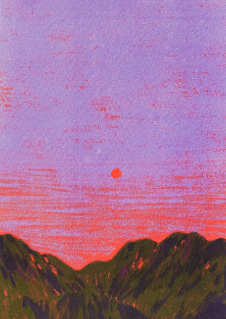 Atmospheric landscape illustration titled ‘China’ by Linde Raats, featuring a minimalist sunset over dark green mountains under a vivid purple and pink sky. This serene and dreamy art print captures the tranquility of dusk with a bold, contemporary color palette—perfect wall decor for lovers of modern travel art, Asian landscapes, and minimal aesthetic prints, available at Galerie Frits