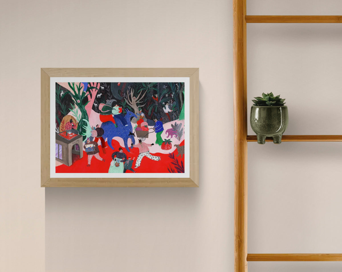 Digital art print "Rode Galerij" by Belgian illustrator Louise de Meester, featuring a bold red-toned scene with whimsical details and layered textures. Ideal for colorful and contemporary home decor.