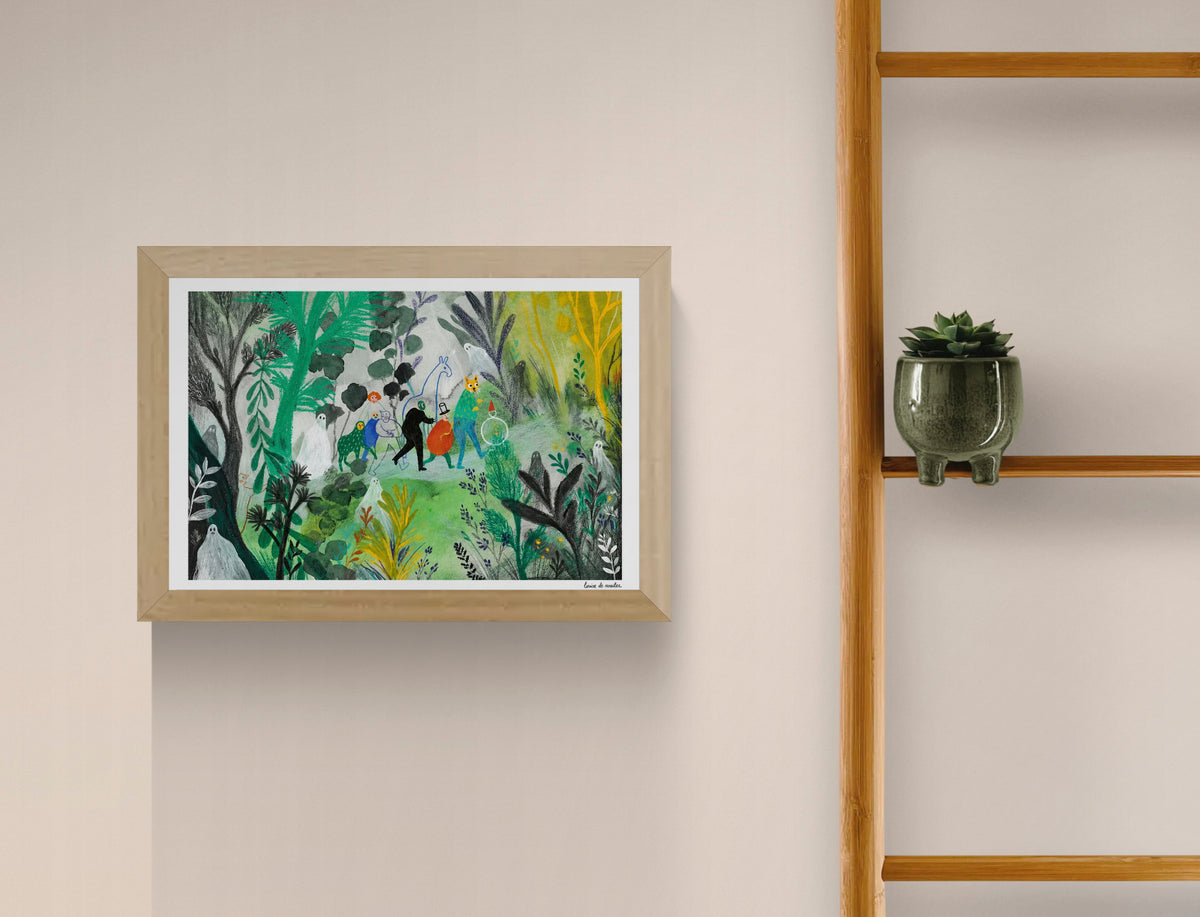 Spookjesbos by Louise de Meester, a colorful landscape digital art print with ghosts, animals and playful figures in a lush green forest, ideal for creative wall decor.
