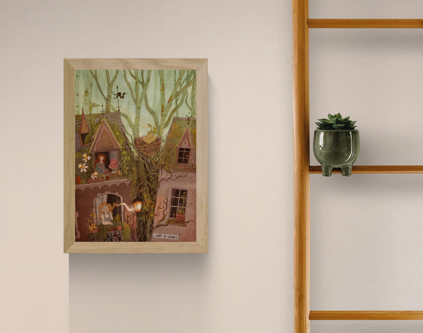 Whimsical fantasy art print of a Brussels house with hidden dragons, enchanted trees, and magical details — House of Dragons illustration by Lena Yampolski, perfect for fantasy lovers and folklore art collectors.