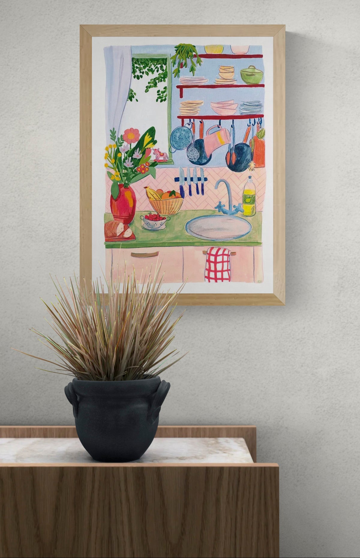 Colorful illustration of a cozy kitchen interior with plants, dishes, hanging utensils, flowers, and soft pastel tones, creating a warm and homely atmosphere.