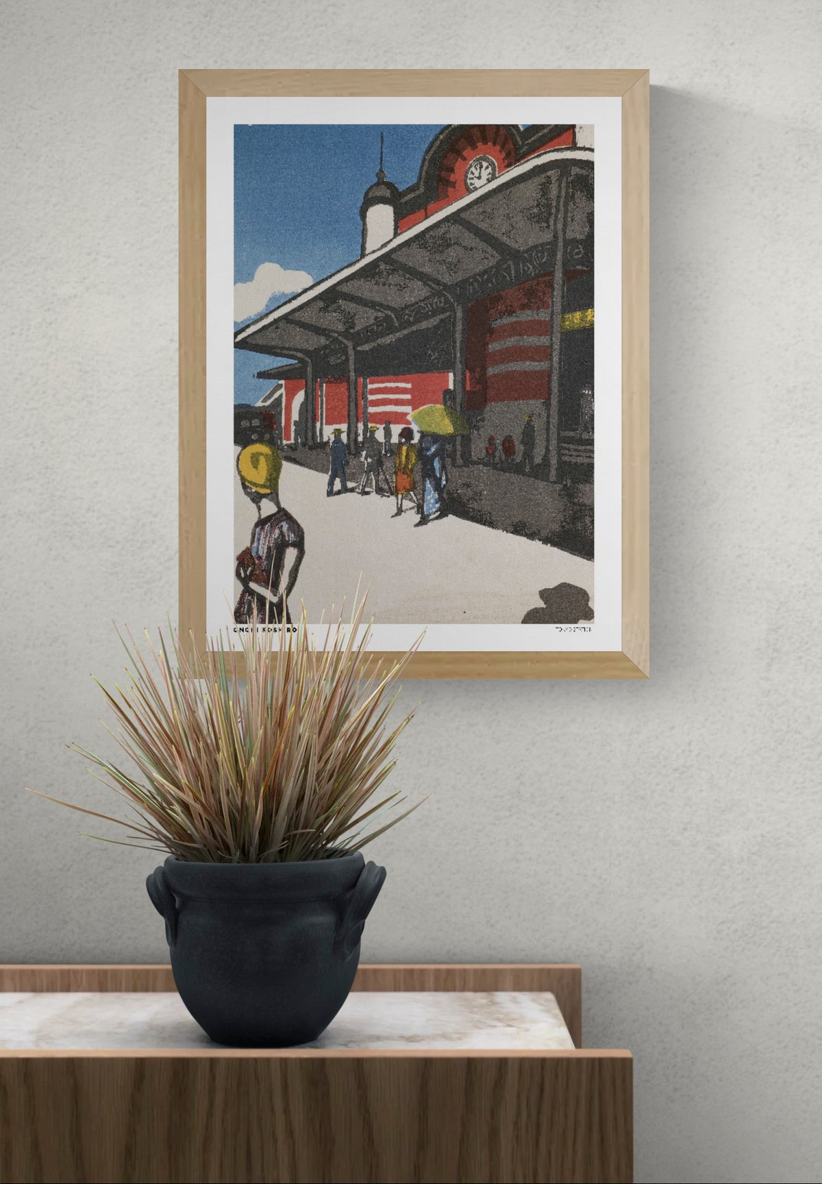 Vertical digital art print of Tokyo Station by Onchi Koshiro, featuring red station architecture, small figures, blue sky and bold Japanese modernist colors, ideal as wall art for a living room or study.