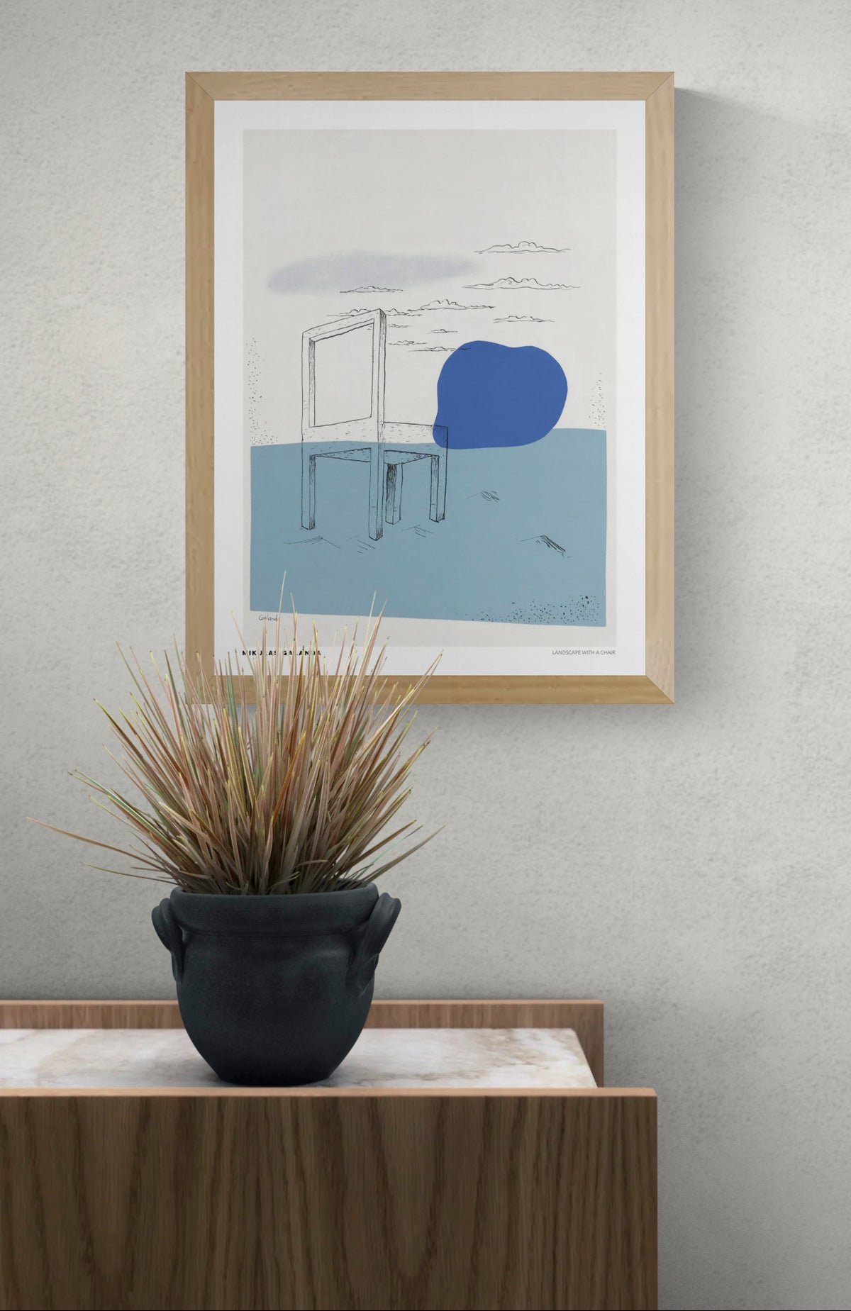 Landscape with a Chair by Mikuláš Galanda, vertical modernist digital print with a sketched chair, cobalt blue abstract form, pale blue ground and cream sky, suited to minimalist living rooms, bedrooms or offices.
