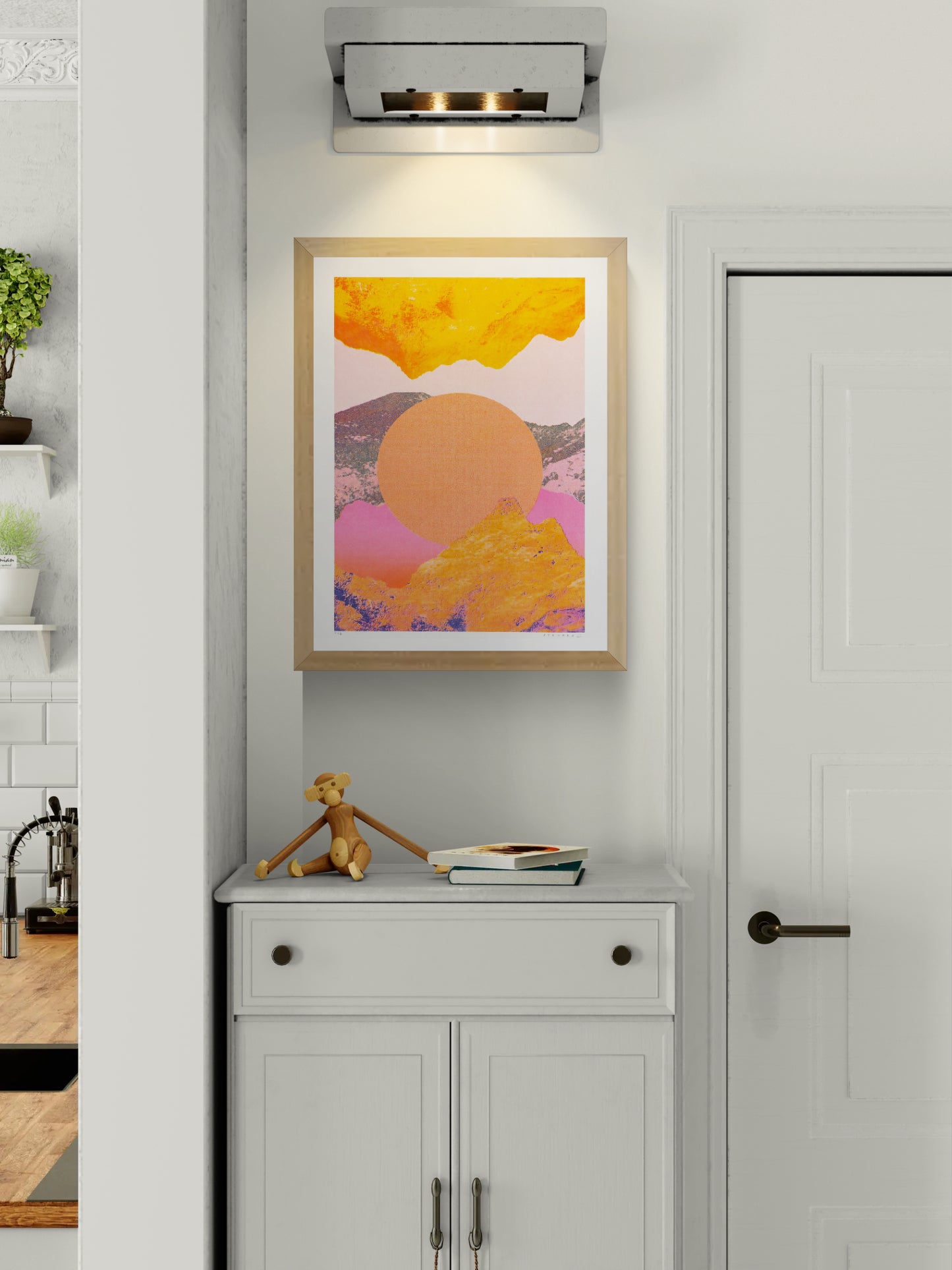 Vibrant A3 risograph art print by PTRVRKD featuring abstract mountain fragments in orange, pink, and yellow tones with a large sun-like circle; eco-friendly limited edition print made in The Netherlands, perfect for modern interiors.