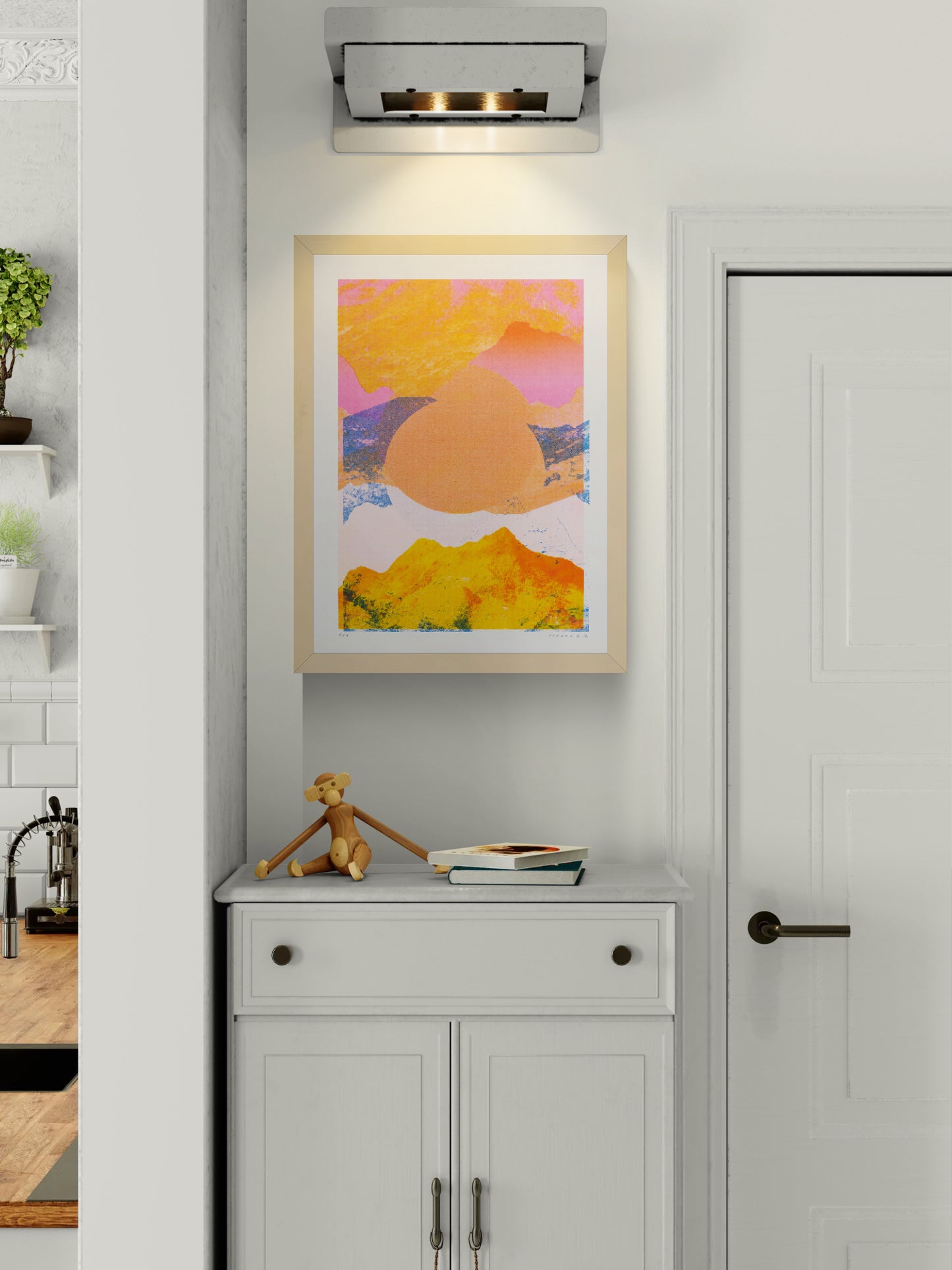 Fragments 4.0 by PTRVRKD, vertical risograph mountain landscape in vivid orange, pink, yellow and blue with layered collage textures, bold contemporary wall art for modern interiors.