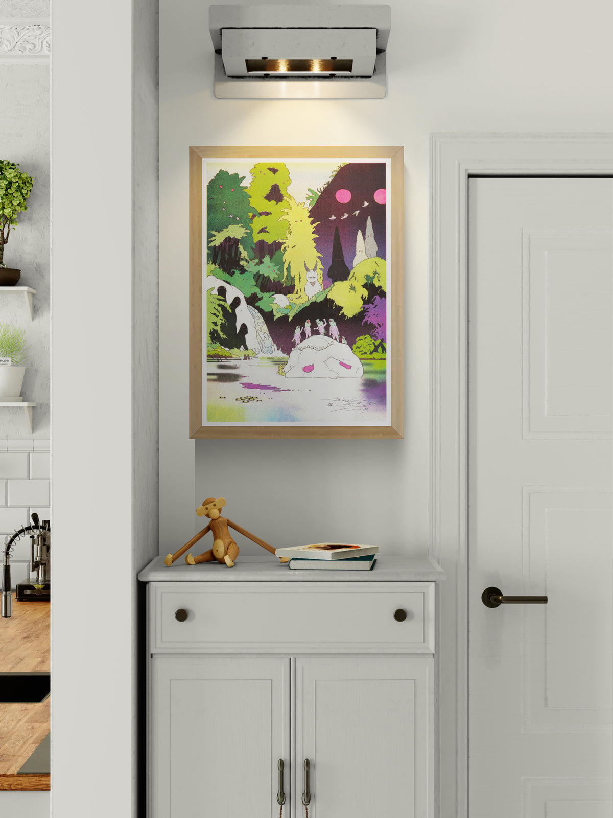Surreal A3 risograph by Jérémie Moreau showing strange nature spirits, creatures and birds in a vivid green, yellow, purple and pink forest landscape, ideal as playful vertical wall art.