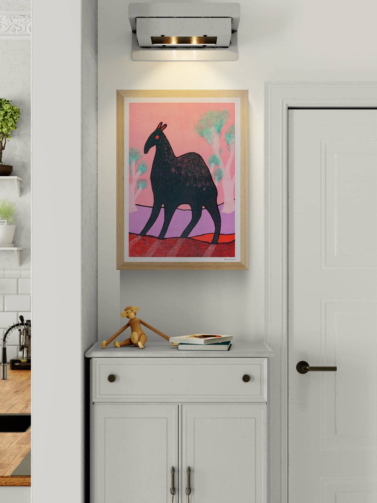 Whimsical illustration titled Beest 3 by Louise de Meester, depicting a mysterious dark creature with red eyes and subtle fur texture, set against a surreal pink and lavender landscape with dreamlike turquoise trees