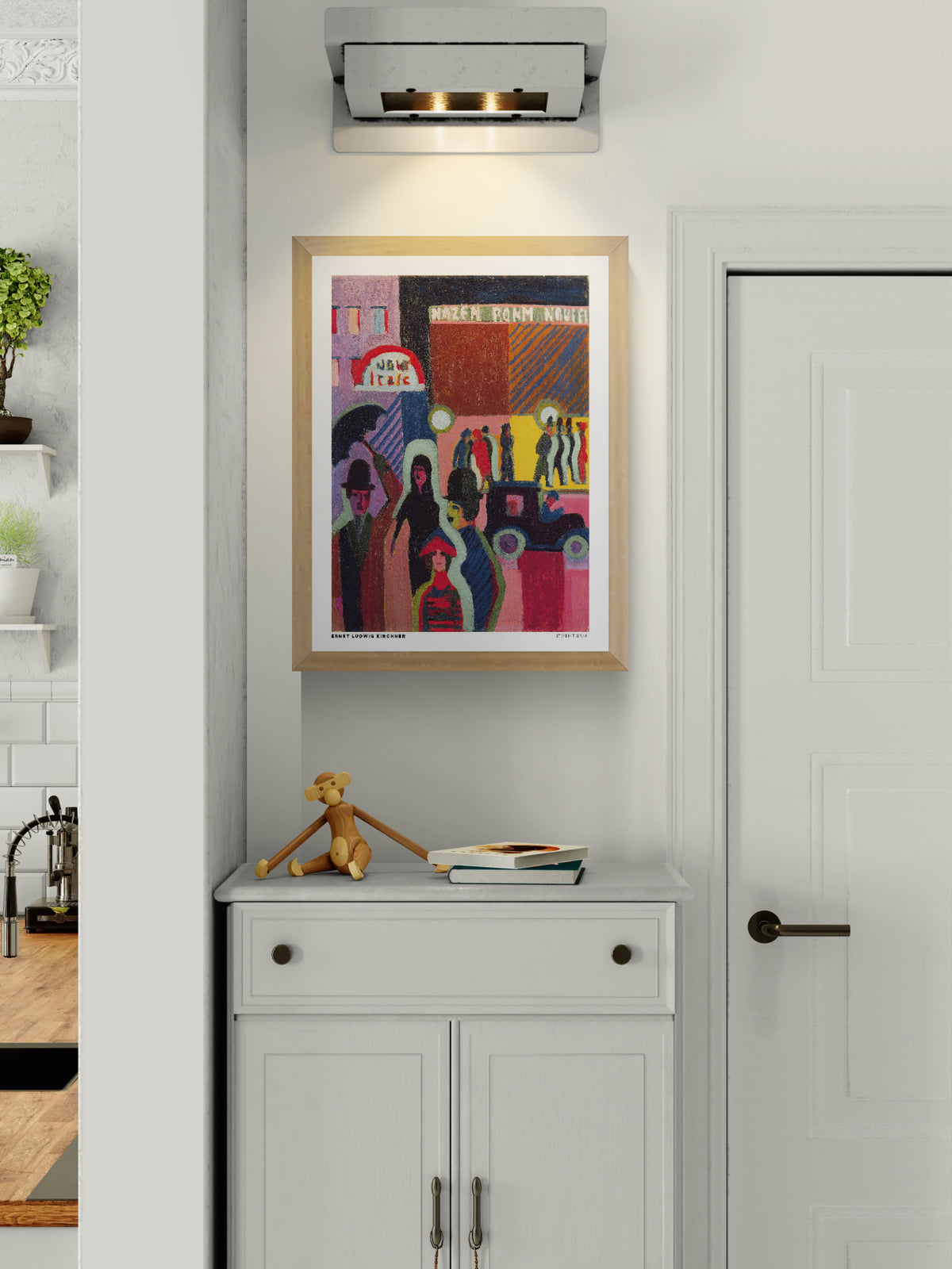 Store in the Rain by Ernst Ludwig Kirchner, a vertical expressionist city street scene with pedestrians, umbrellas, vintage cars, and colorful storefronts in vivid pink, red, blue, and yellow. Digital art print for eclectic wall decor.