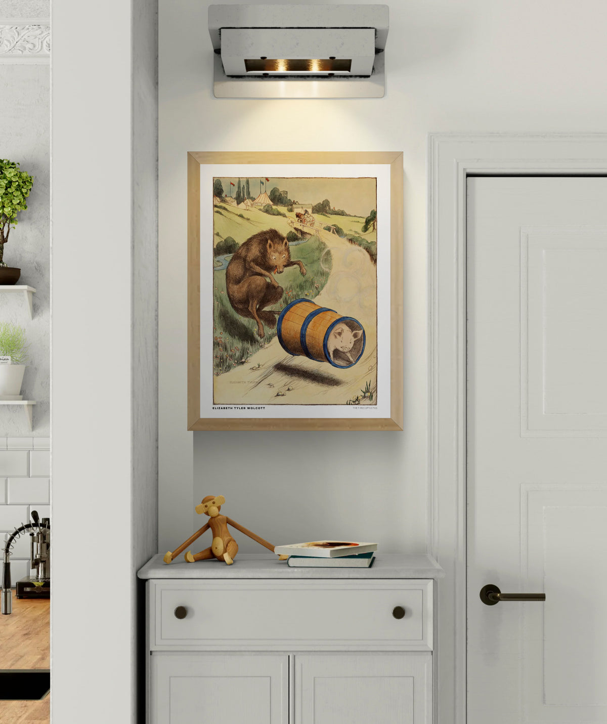 Vintage storybook illustration of The Three Little Pigs by Elisabeth Tyler Wolcott, featuring a brown wolf chasing a pig in an orange barrel, with a green countryside background. Portrait digital art print for nursery wall decor.