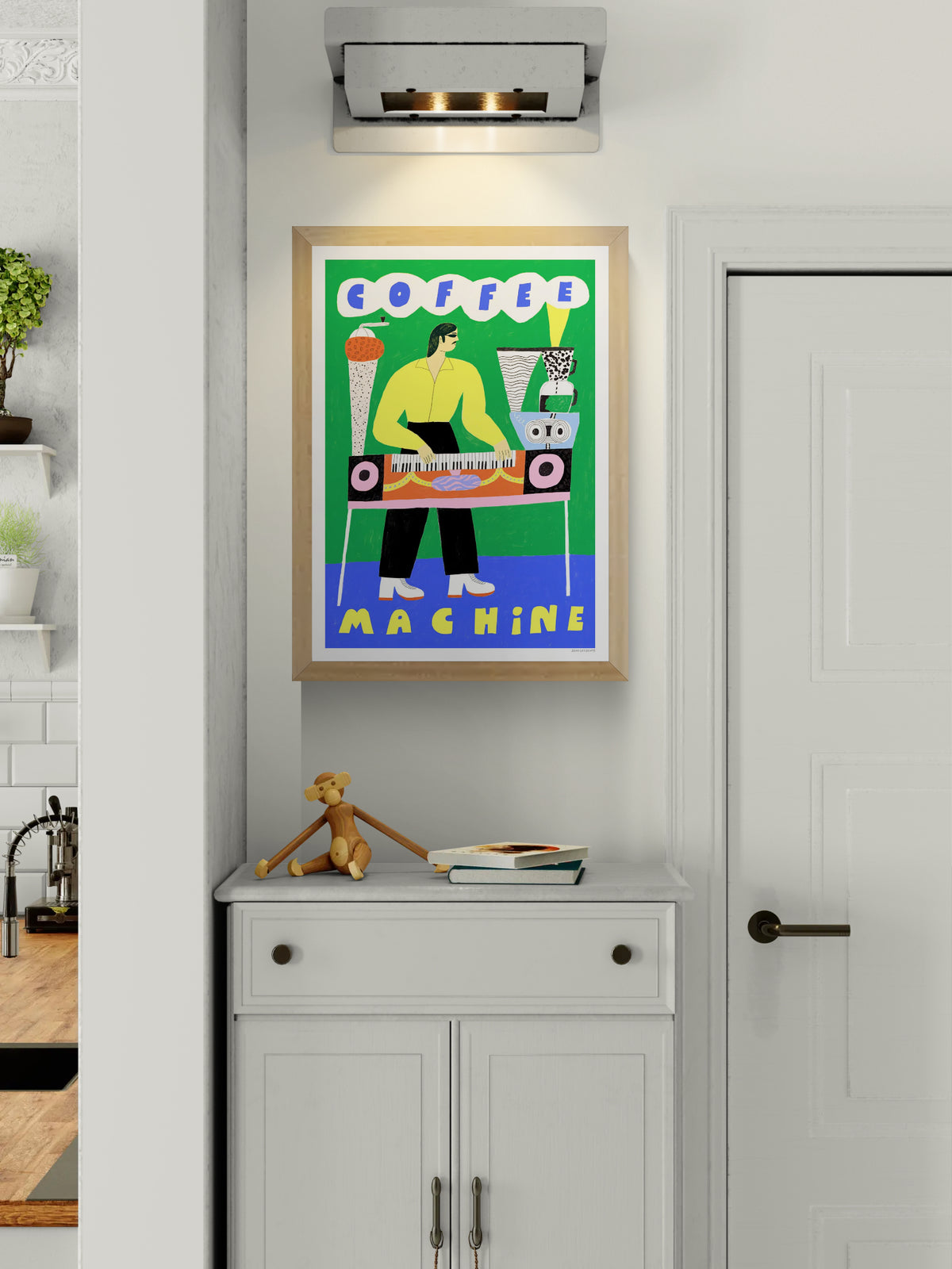 Colourful retro illustration of a moustached man playing a coffee machine keyboard, with bright green, yellow and blue tones. Vertical giclée art print by Dans les Dents, ideal for playful kitchen wall decor.