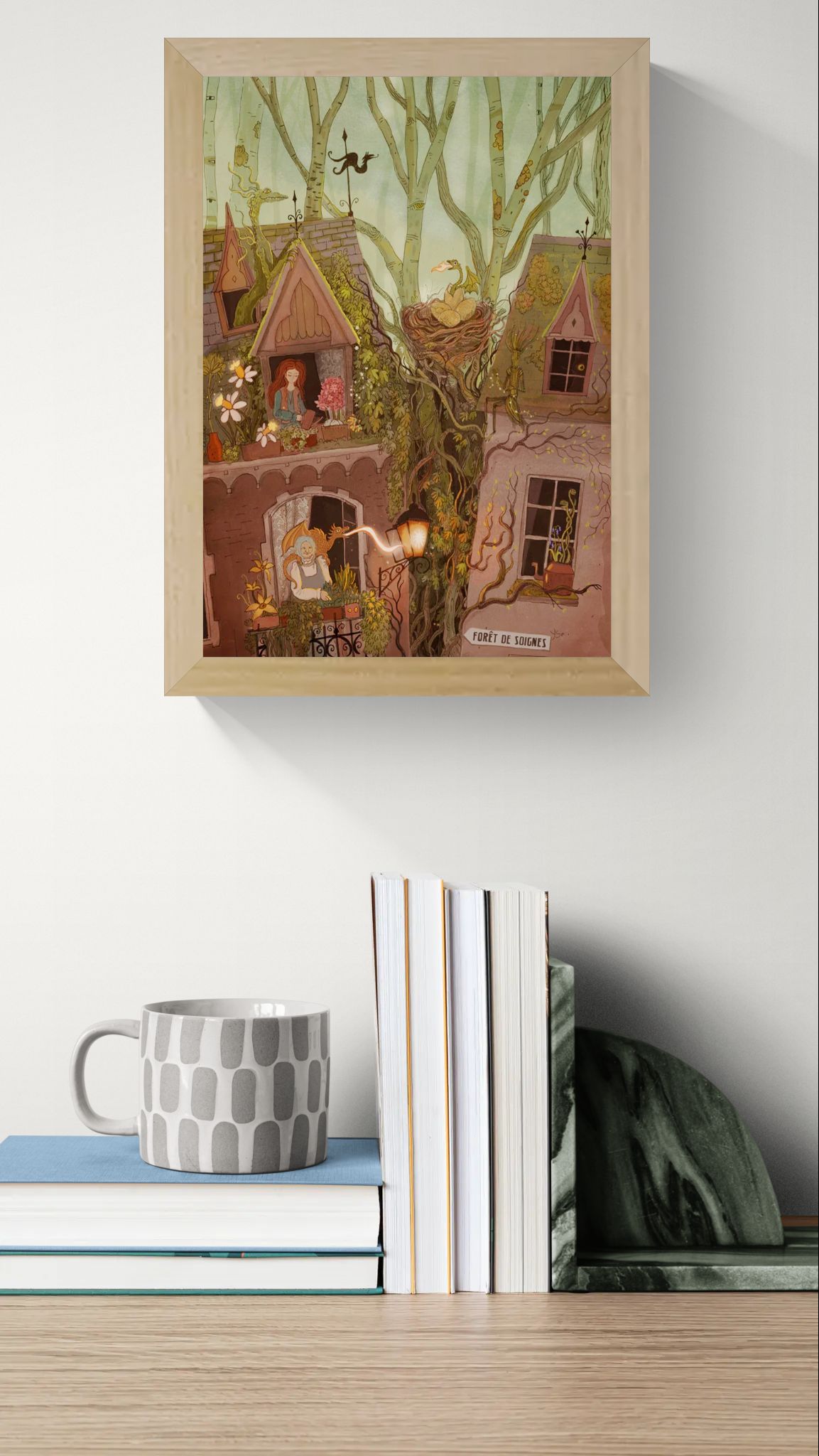 Whimsical fantasy art print of a Brussels house with hidden dragons, enchanted trees, and magical details — House of Dragons illustration by Lena Yampolski, perfect for fantasy lovers and folklore art collectors.