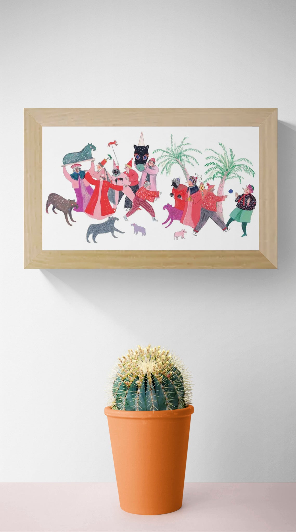 Digital art print "Roze aanbidding der snoetbeesten" by Belgian illustrator Louise de Meester, featuring a lively group of colorful, whimsical animals in pink, red, and green tones. Perfect for playful home decor and contemporary illustration collectors.
