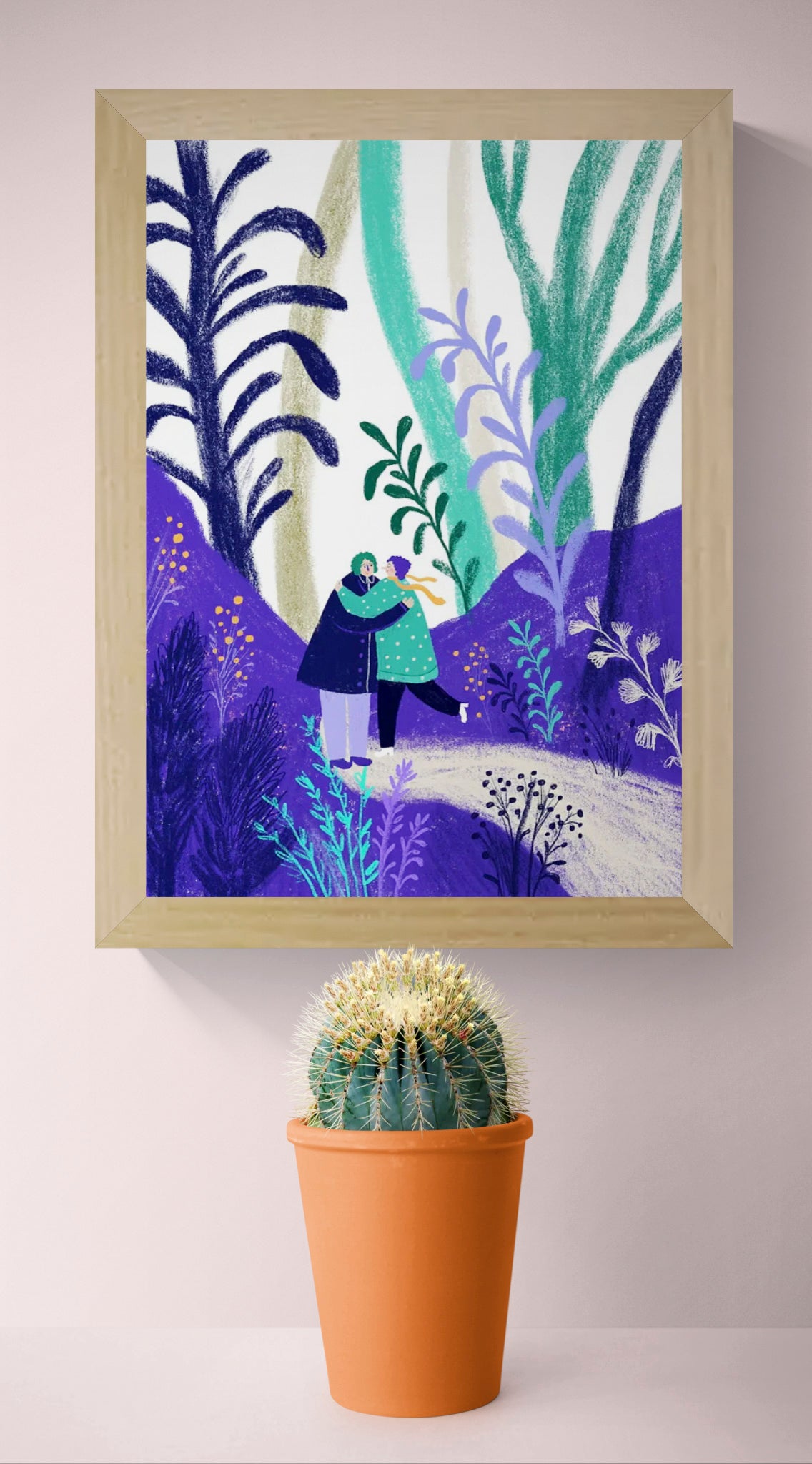 Colourful digital art print by Belgian illustrator Louise de Meester, featuring two people hugging in a dreamy, lush forest setting with purple and green foliage – 21x29.7 cm, perfect for adding warmth and love to your home.