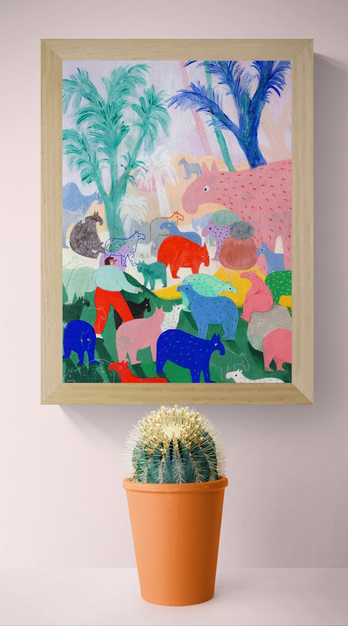 Colorful vertical digital art print by Louise de Meester featuring a playful gathering of imaginary animals among palm trees in pink, green, blue and red tones, ideal for cheerful wall art and home decor.