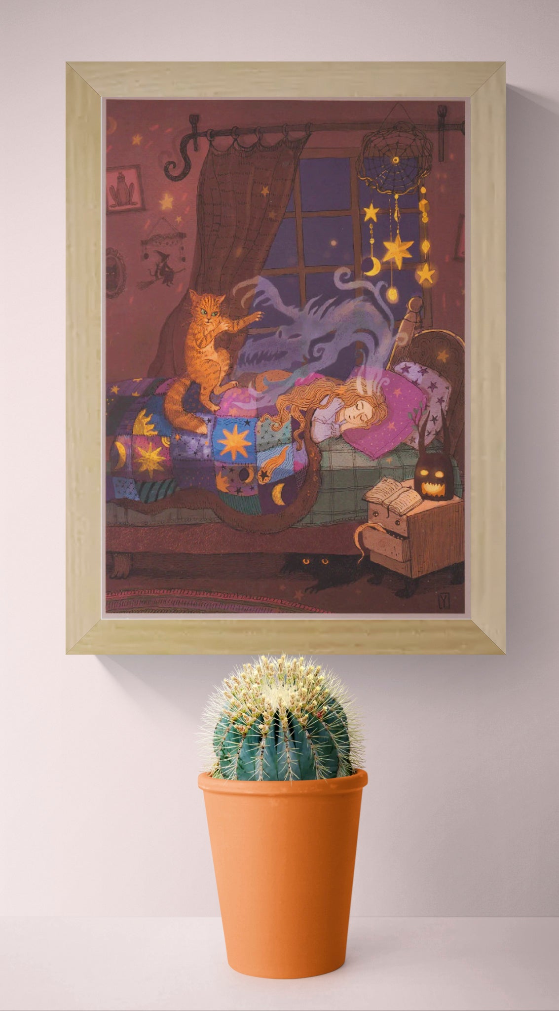 Whimsical fantasy bedroom illustration featuring a sleeping girl, magical dream dragon, protective cat, glowing stars, dreamcatcher and witchy decor. Detailed vertical giclée art print in warm purple, gold and blue tones for cozy home decor.