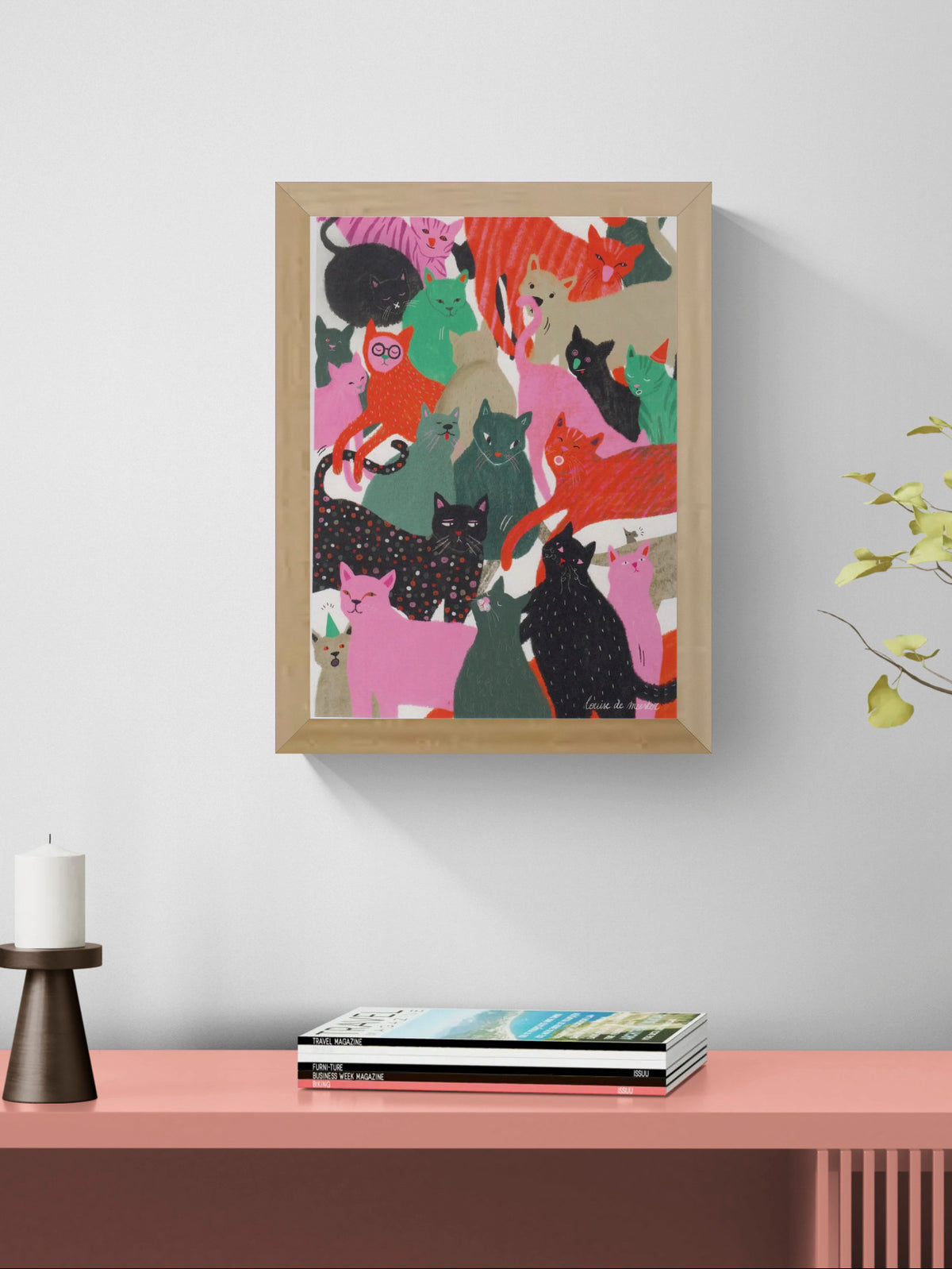 Katten art print by Louise de Meester, colorful cat illustration 17.5x24 cm featuring playful pink, green and black cats in a bold contemporary style.