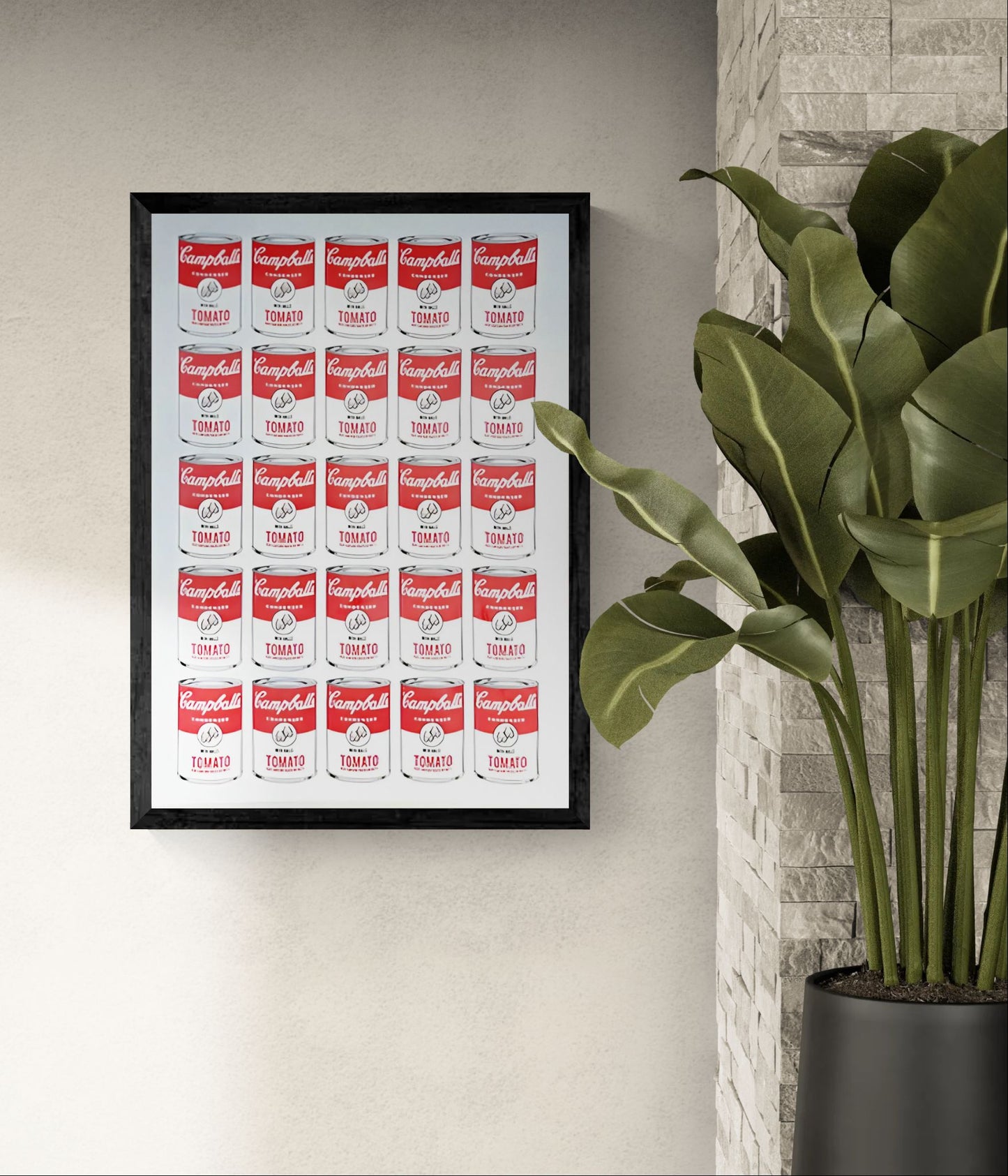 Campballs Andy's Version by Studio Stoutpoep – risograph A2 art print featuring a grid of humorous soup cans parodying Warhol’s Campbell’s series. Red and white tomato cans labeled "with balls" and “may contain traces of nuts.” Printed in Belgium with soy-based inks.