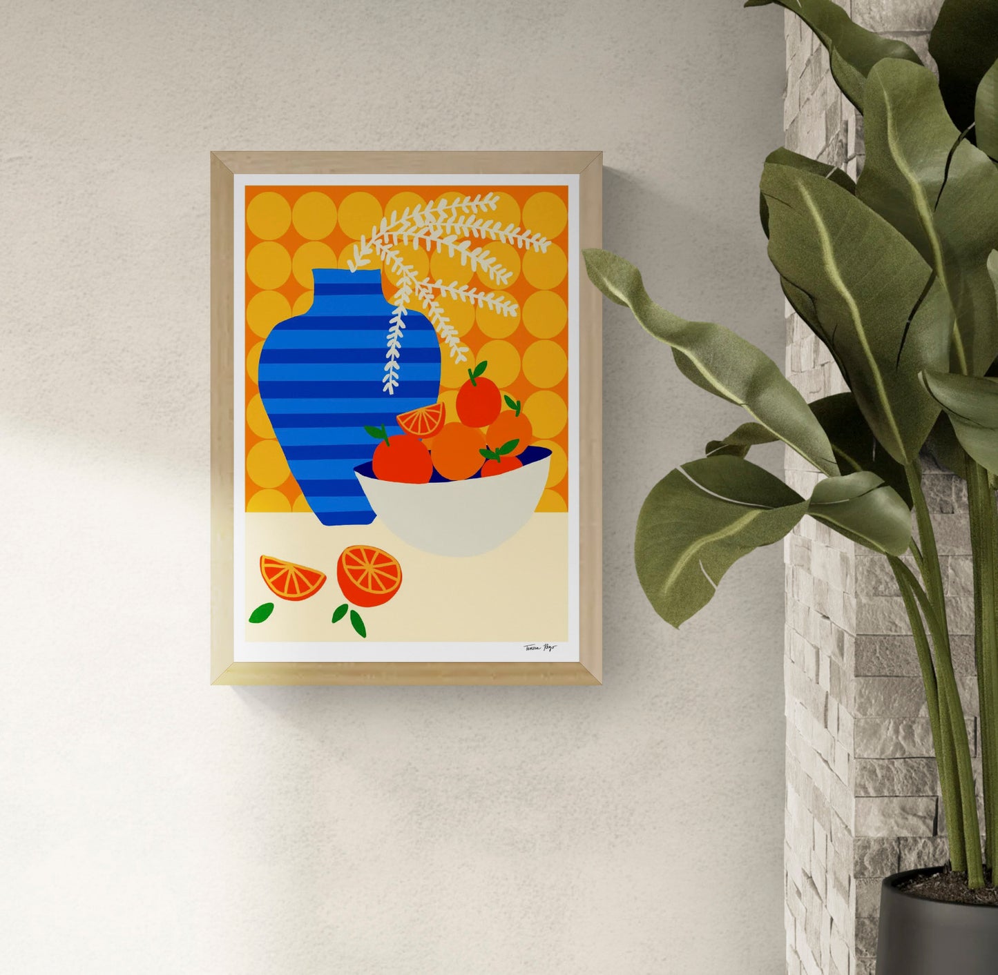 Colourful A3 giclée print by Teresa Rego featuring oranges, a striped blue vase and bold retro kitchen patterns in a vertical contemporary still-life composition.