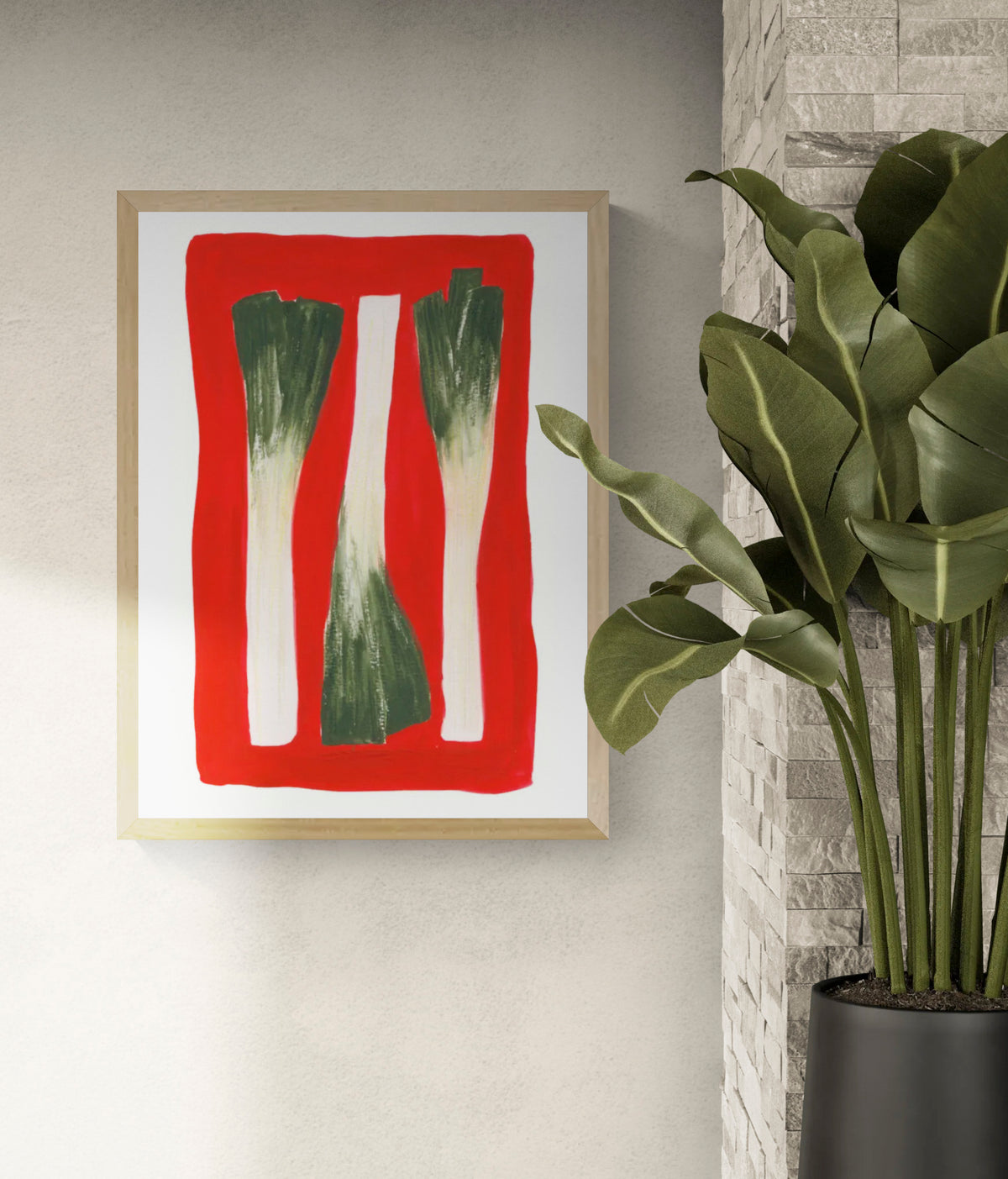 Leek by Kim Timmermans, vertical digital art print featuring three hand-painted green and white leeks against a vivid red background, ideal as colourful kitchen or dining room wall art.