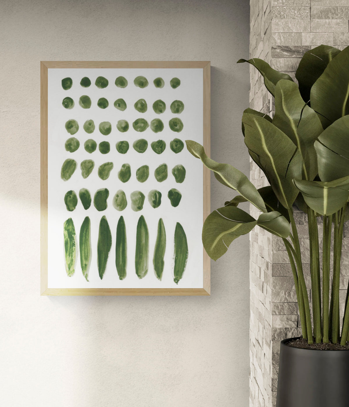 Legumes by Kim Timmermans, vertical A2 digital art print featuring rows of hand-painted green vegetable shapes on white, ideal botanical wall art for kitchens and modern home decor.