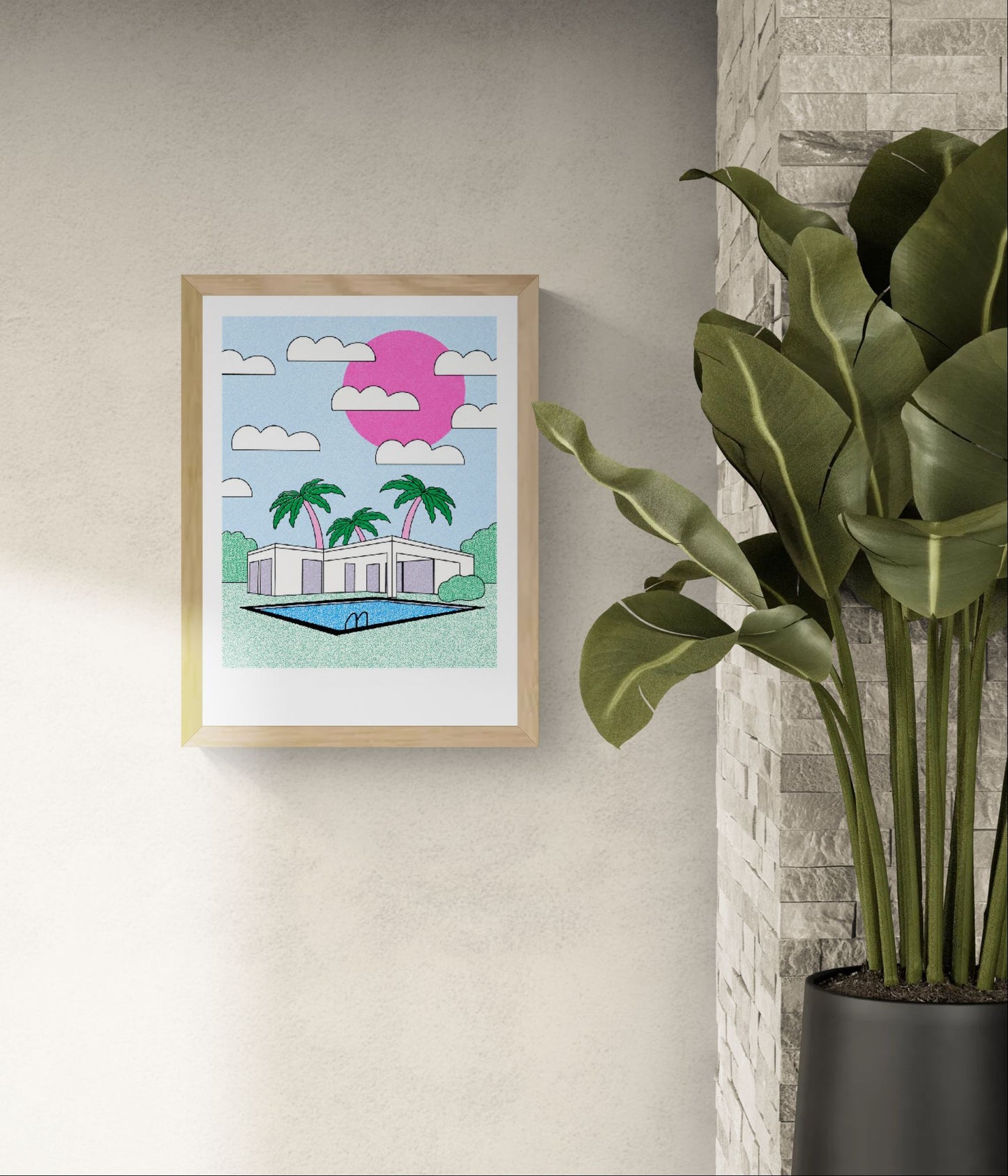 Palm Springs risograph art print by Studio Stoutpoep featuring a modernist villa, swimming pool, pink sun, and palm trees in pastel colors. Retro-inspired A3 wall art with playful mid-century holiday vibes, ideal for living rooms, offices, and contemporary interiors.
