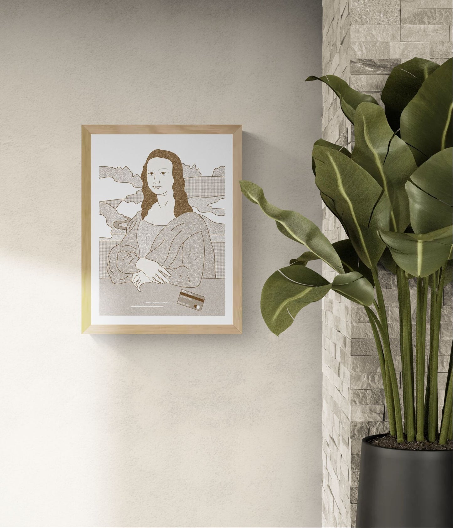 Mona Visa by Studio Stoutpoep, humorous Mona Lisa inspired risograph print in warm golden tones, featuring a credit card and minimalist landscape background. Vertical contemporary wall art for modern home decor, office spaces, and design-focused interiors.
