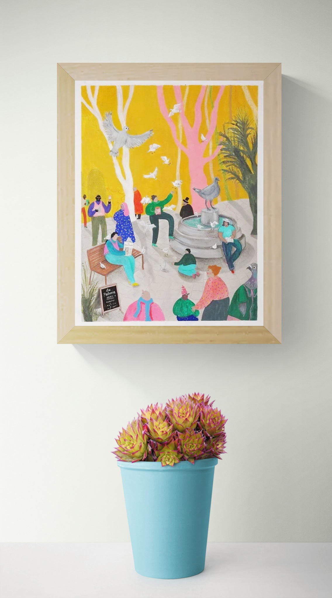 Colorful urban illustration art print by Louise de Meester showing pigeons flying around a city fountain with playful characters and vibrant orange sky.