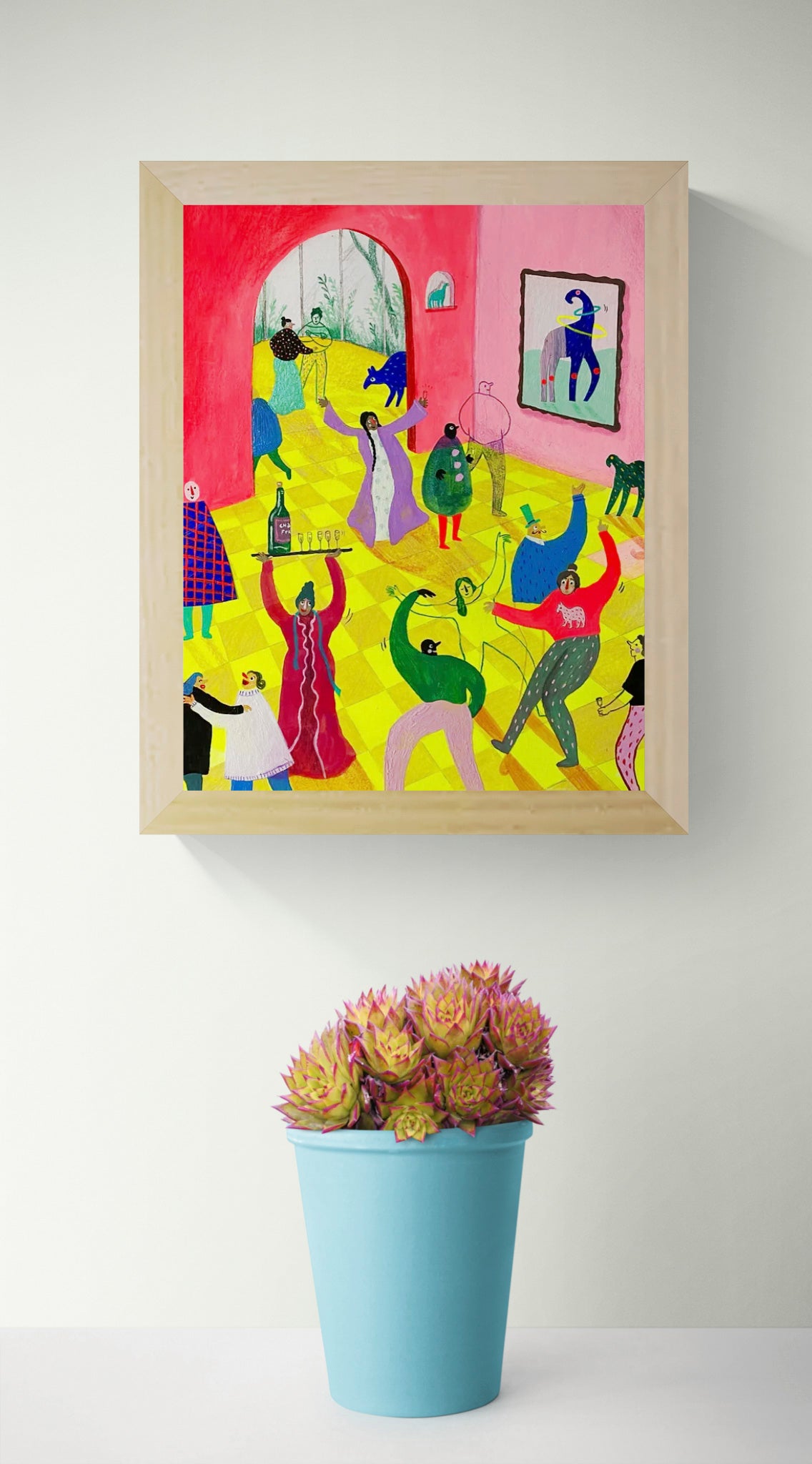 Fluodisco by Louise de Meester, vertical digital art print with dancing figures and surreal characters in vivid pink, yellow, green and blue, playful wall art for colorful interiors.