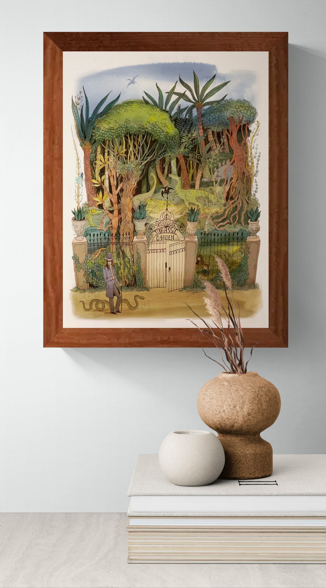 Detailed fantasy jungle illustration featuring dinosaurs hidden among lush trees and tropical plants behind an ornate Jurassic Garden gate, created in a whimsical storybook style with soft green and earthy tones. Vertical giclée wall art for nature-inspired home decor.
