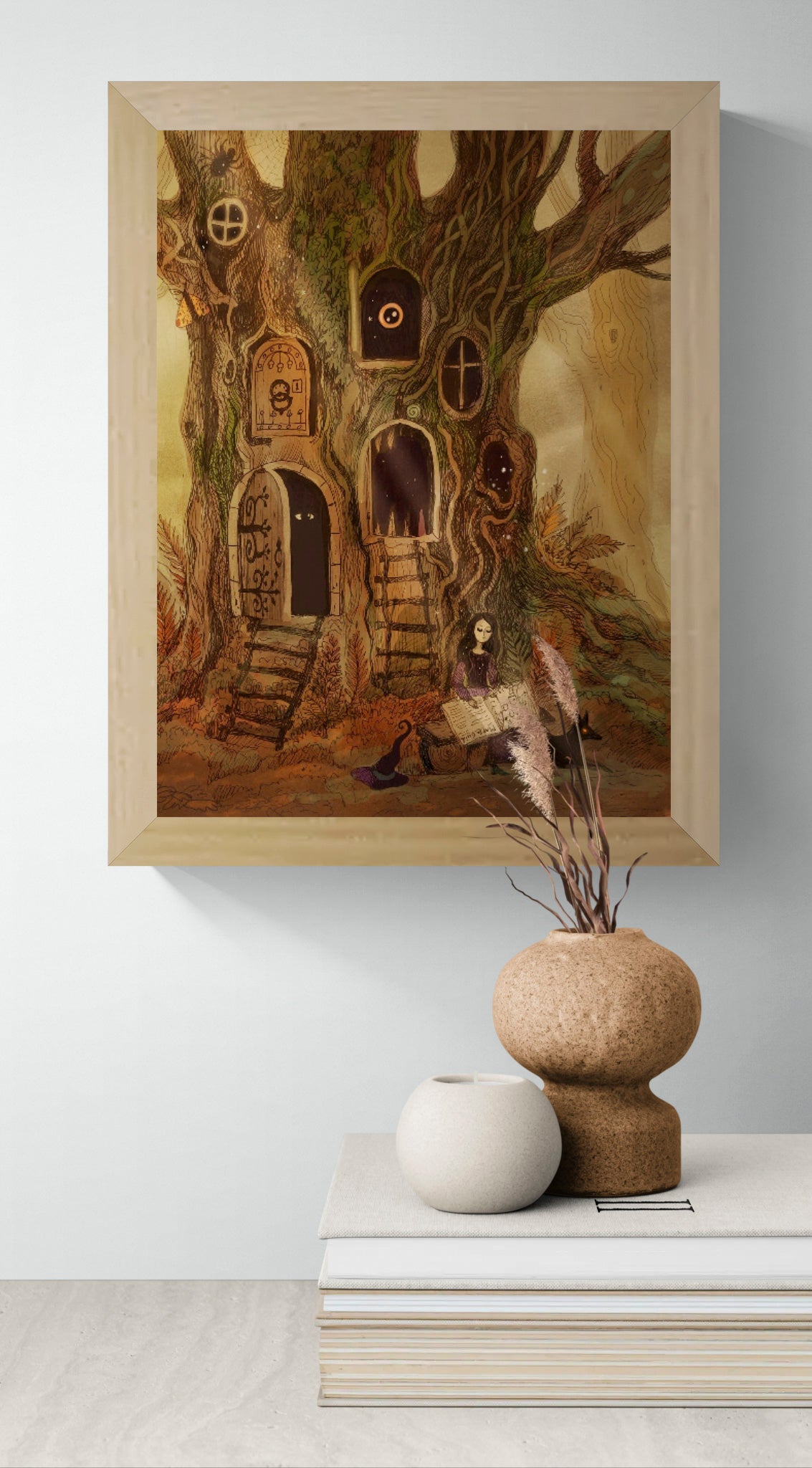 Whimsical fantasy treehouse illustration by Lena Yampolski featuring magical doors, hidden windows, a young witch reading beside a black fox, and enchanted forest details in warm earthy tones. Vertical giclée wall art for cozy home decor.