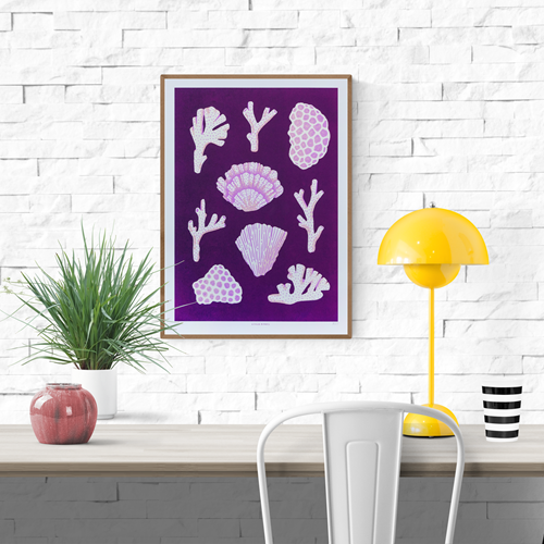 Modern coral reef art print titled ‘Corals’ by Linde Raats, featuring stylized pink and white coral shapes on a deep purple background. A vibrant and nature-inspired illustration perfect for coastal decor, ocean lovers, and contemporary interior design. Available exclusively at Galerie Frits