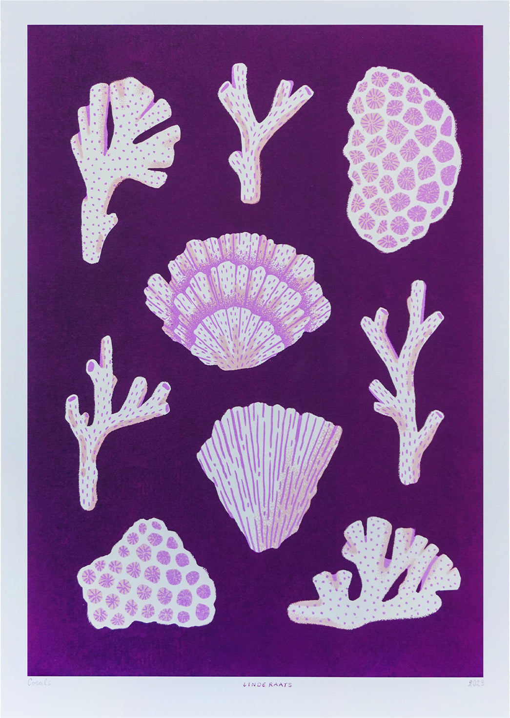 Modern coral reef art print titled ‘Corals’ by Linde Raats, featuring stylized pink and white coral shapes on a deep purple background. A vibrant and nature-inspired illustration perfect for coastal decor, ocean lovers, and contemporary interior design. Available exclusively at Galerie Frits