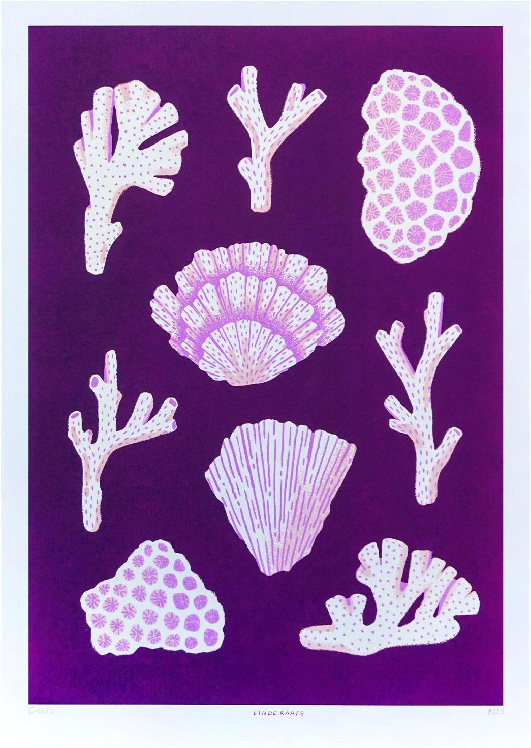 Modern coral reef art print titled ‘Corals’ by Linde Raats, featuring stylized pink and white coral shapes on a deep purple background. A vibrant and nature-inspired illustration perfect for coastal decor, ocean lovers, and contemporary interior design. Available exclusively at Galerie Frits