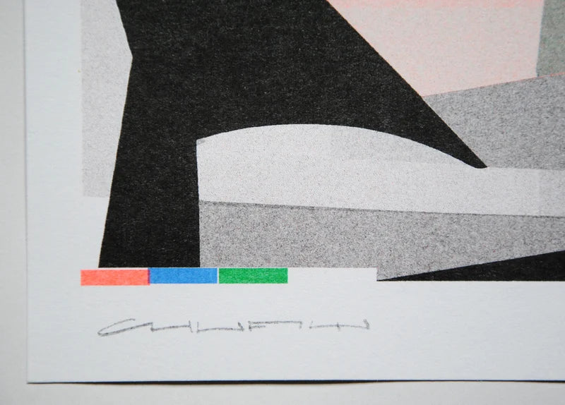 Colorful abstract risograph print by French artist Chufy titled Carré rond, featuring overlapping geometric shapes in green, blue, pink, and black tones. Limited edition A3 art print on Munken Print White 150g paper — modern wall art for design and color lovers.