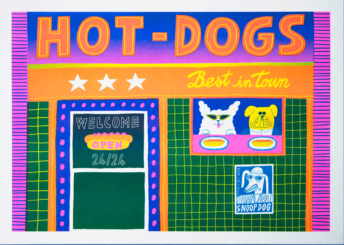 Colorful risoprint titled “Hotdogs” by Dans les Dents, featuring a neon-style hot dog stand with two cartoon dogs, bold lettering, and playful retro signage, A3 format.