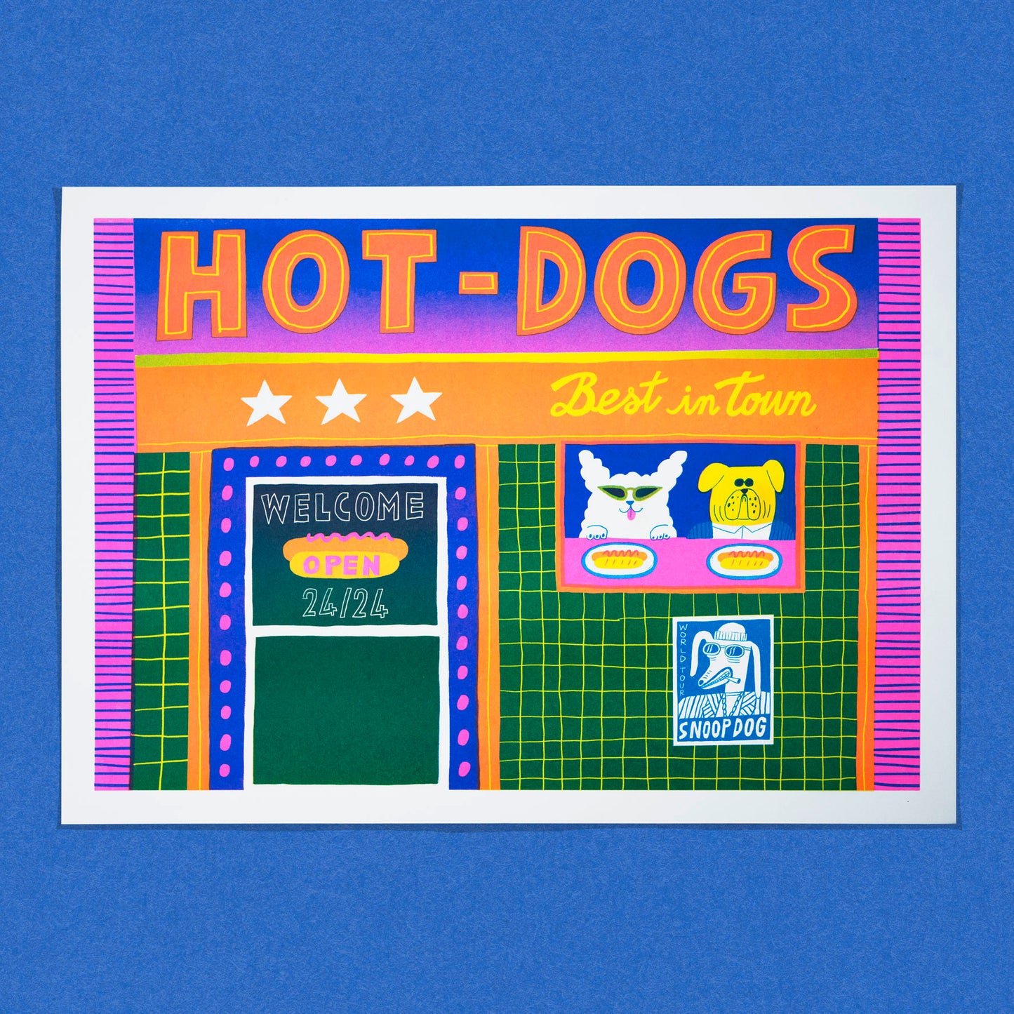 Colorful risoprint titled “Hotdogs” by Dans les Dents, featuring a neon-style hot dog stand with two cartoon dogs, bold lettering, and playful retro signage, A3 format.