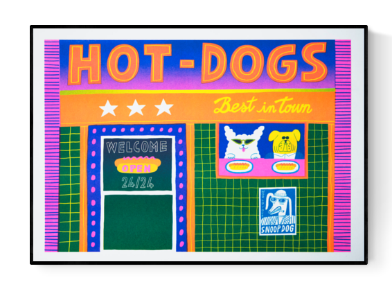 Colorful risoprint titled “Hotdogs” by Dans les Dents, featuring a neon-style hot dog stand with two cartoon dogs, bold lettering, and playful retro signage, A3 format.
