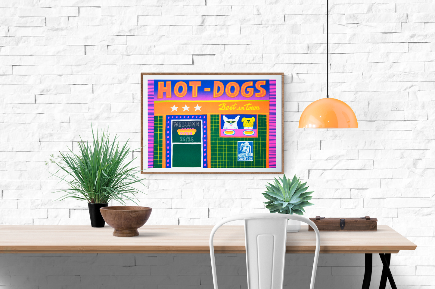Colorful risoprint titled “Hotdogs” by Dans les Dents, featuring a neon-style hot dog stand with two cartoon dogs, bold lettering, and playful retro signage, A3 format.
