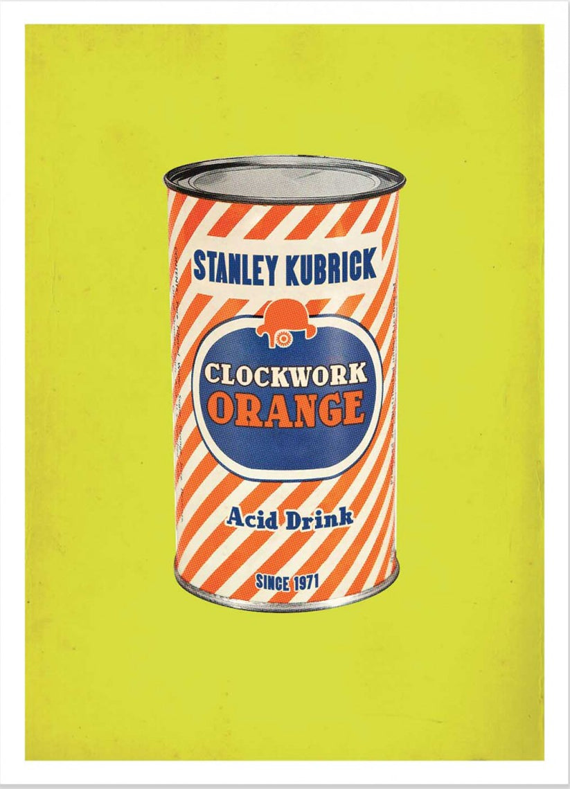 Clockwork Orange by David Redon – 30x40 cm pop art poster inspired by Stanley Kubrick’s cult film A Clockwork Orange, featuring a vintage 1960s-style canned drink design on a bright yellow background. Retro cinema wall art for movie lovers, printed in France on FSC-certified paper.
