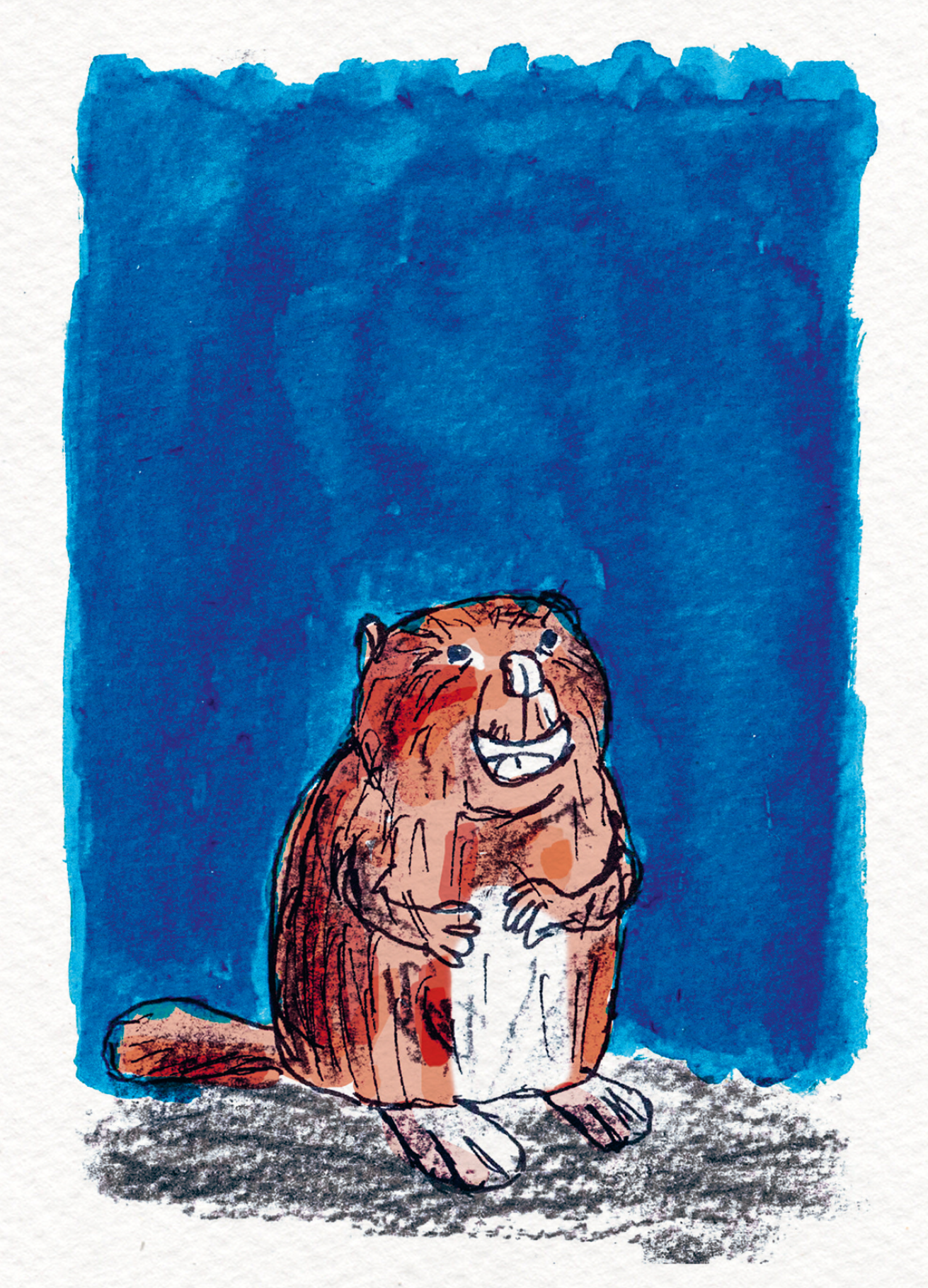 A6 greeting card titled “De bever” by Ilia Claus featuring a hand-drawn smiling beaver against a vibrant blue watercolor background. Part of the Ecoline series, printed on 350g art card with envelope included.