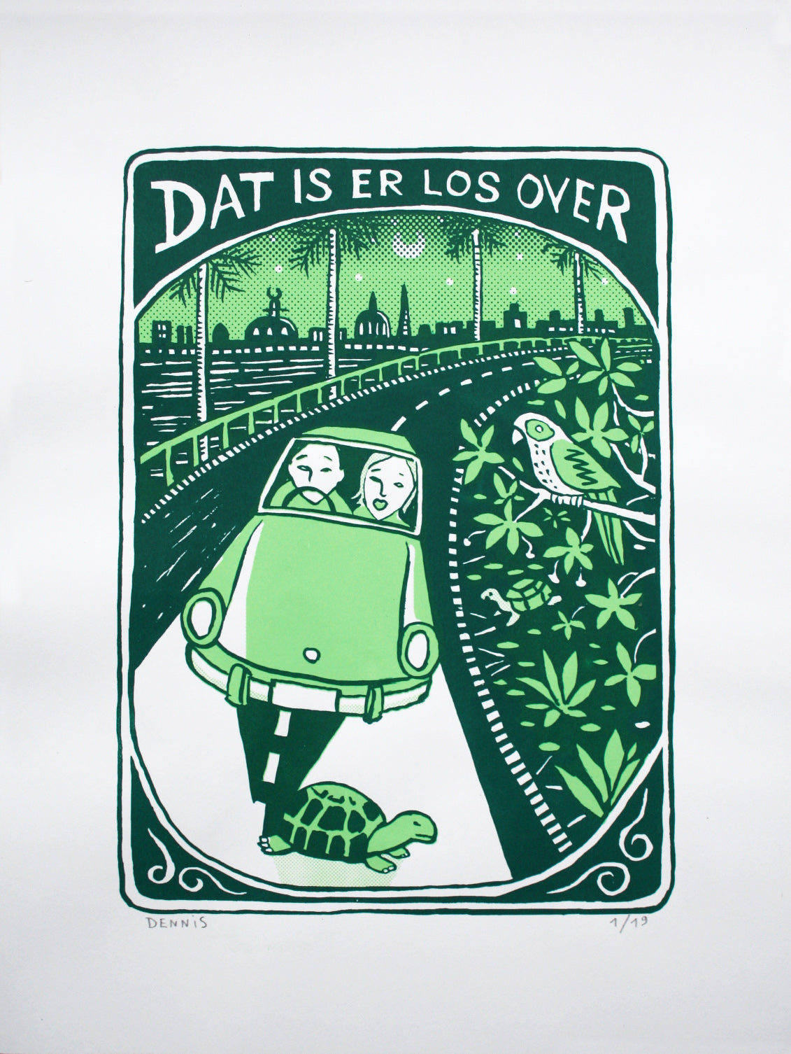 Green two-colour screen print by Belgian artist Dennis Dellaert showing a surprised couple driving at night, a turtle crossing the road, a parrot in lush tropical leaves, and a city skyline under the moon; limited edition 30x40 cm art print with bold, playful storytelling.